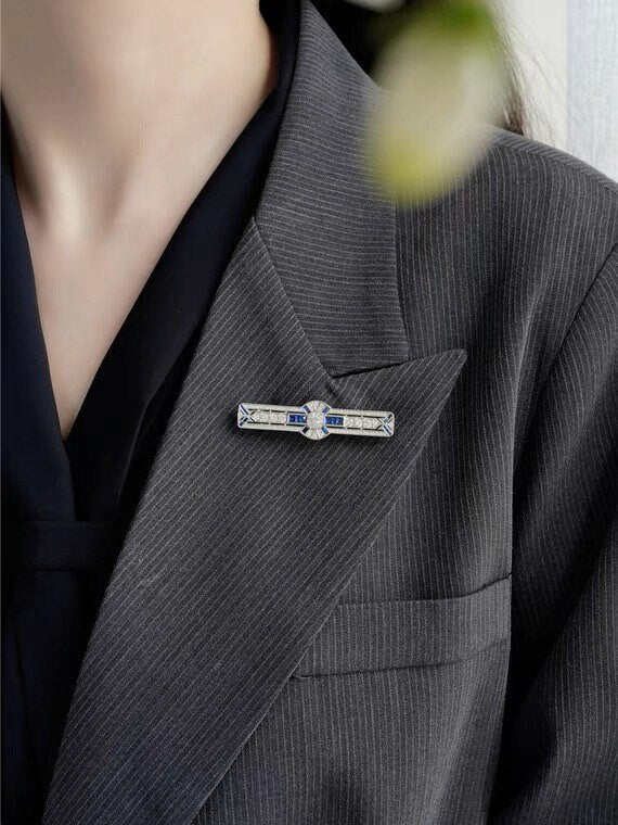Silver Brooch, Art Deco Style Brooch, Blue Spinel Brooch, Unisex Brooch, Gift for him, Gift for her, Wedding Jewelry, Mother's Day Gift