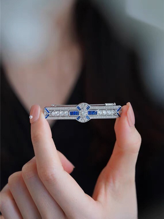 Silver Brooch, Art Deco Style Brooch, Blue Spinel Brooch, Unisex Brooch, Gift for him, Gift for her, Wedding Jewelry, Mother's Day Gift
