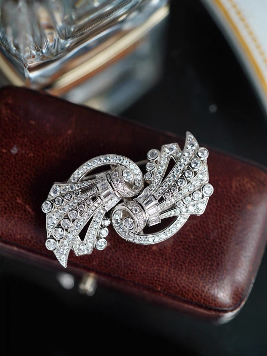 Double-Clip Brooch, Silver Brooch, Retro Brooch, ArtDeco Brooch, Diamond-CZ brooch, Gift for her, Handmade Jewelry