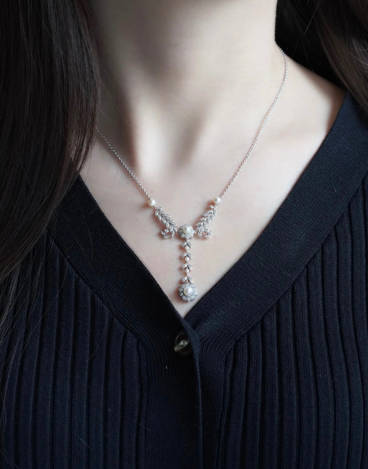 Retro Necklace, Silver Necklace, Pearl Necklace, Flower Necklace, Handmade Jewelry, Gift for her