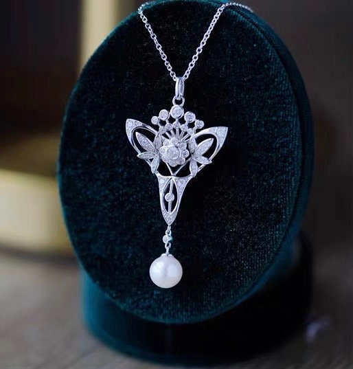 Silver Necklace, Retro Necklace, Pearl Necklace, Handmade Jewelry, Gift for her, Wedding Jewelry