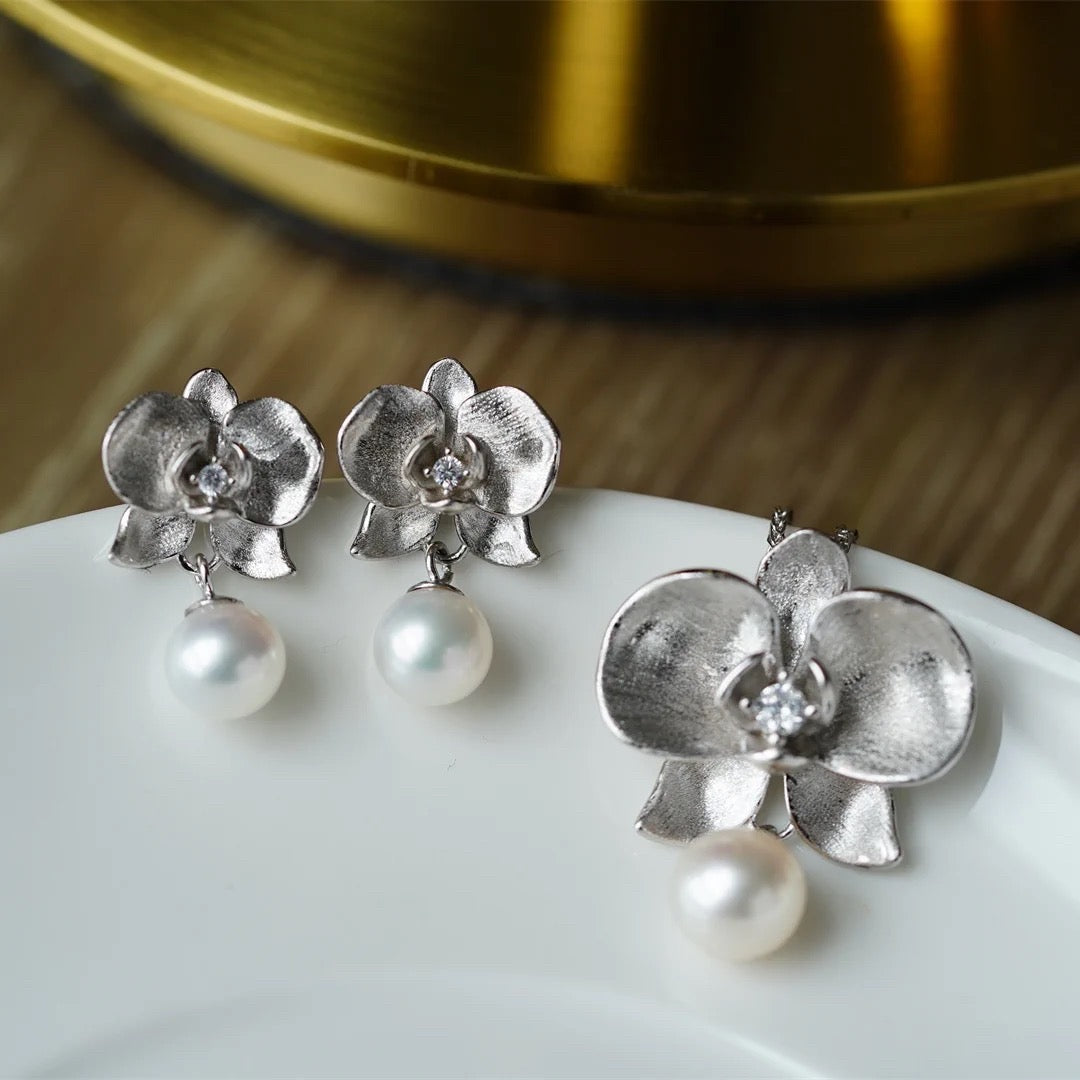 Orchard Silver with Pearl Earrings, Flower Earring, Retro Earrings, Earrings and Necklace Set, Handmade Jewelry, Gift for her