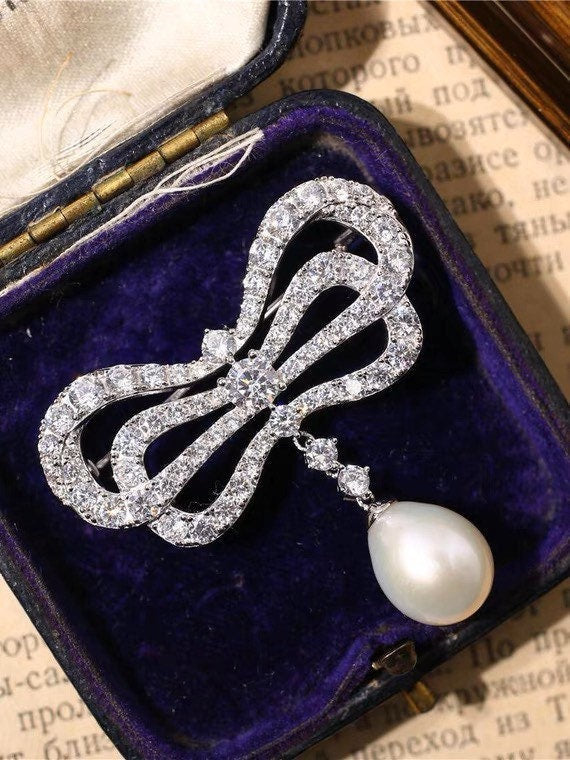 Pearl Brooch, Retro Brooch, Bow Knot Brooch, Silver Brooch, Diamond-cz Brooch, Wedding gift, Gift for her, Mother's Day Gift