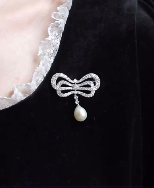 Pearl Brooch, Retro Brooch, Bow Knot Brooch, Silver Brooch, Diamond-cz Brooch, Wedding gift, Gift for her, Mother's Day Gift