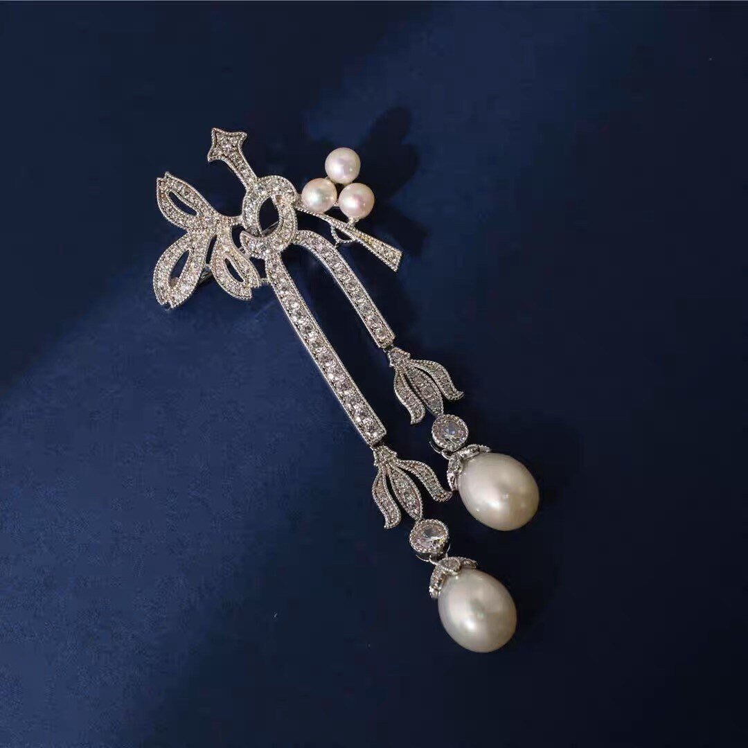 Silver Brooch, Art Deco Style Brooch, Pearl Brooch, Diamond-cz Brooch, Gift for her, Wedding Jewelry