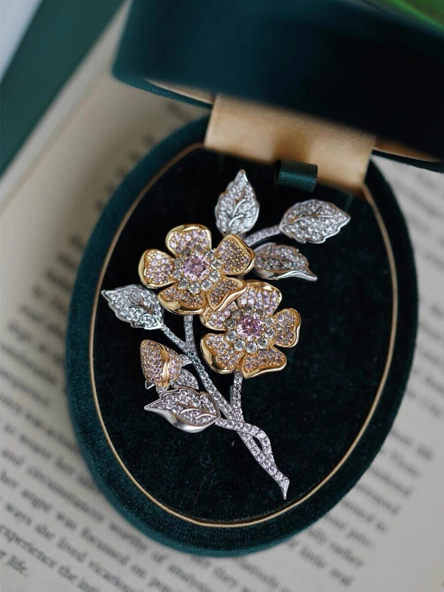 Rose of Joy Brooch, Silver Brooch, Diamond-CZ Brooch, Retro Brooch, Flower Brooch, Gift for her