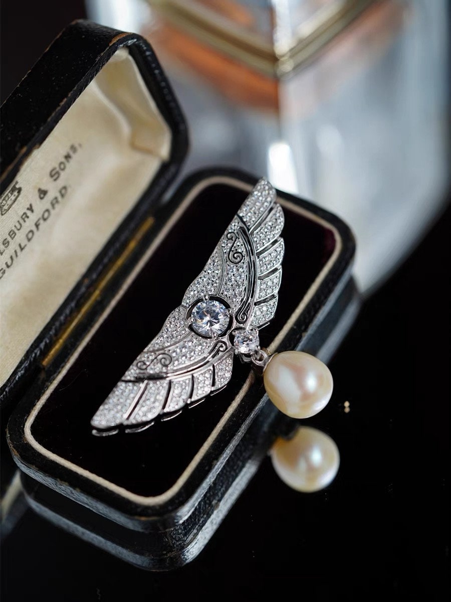 Angel Wing Brooch, Silver Brooch, Pearl Brooch, Diamond-cz Brooch, Gift for her/him