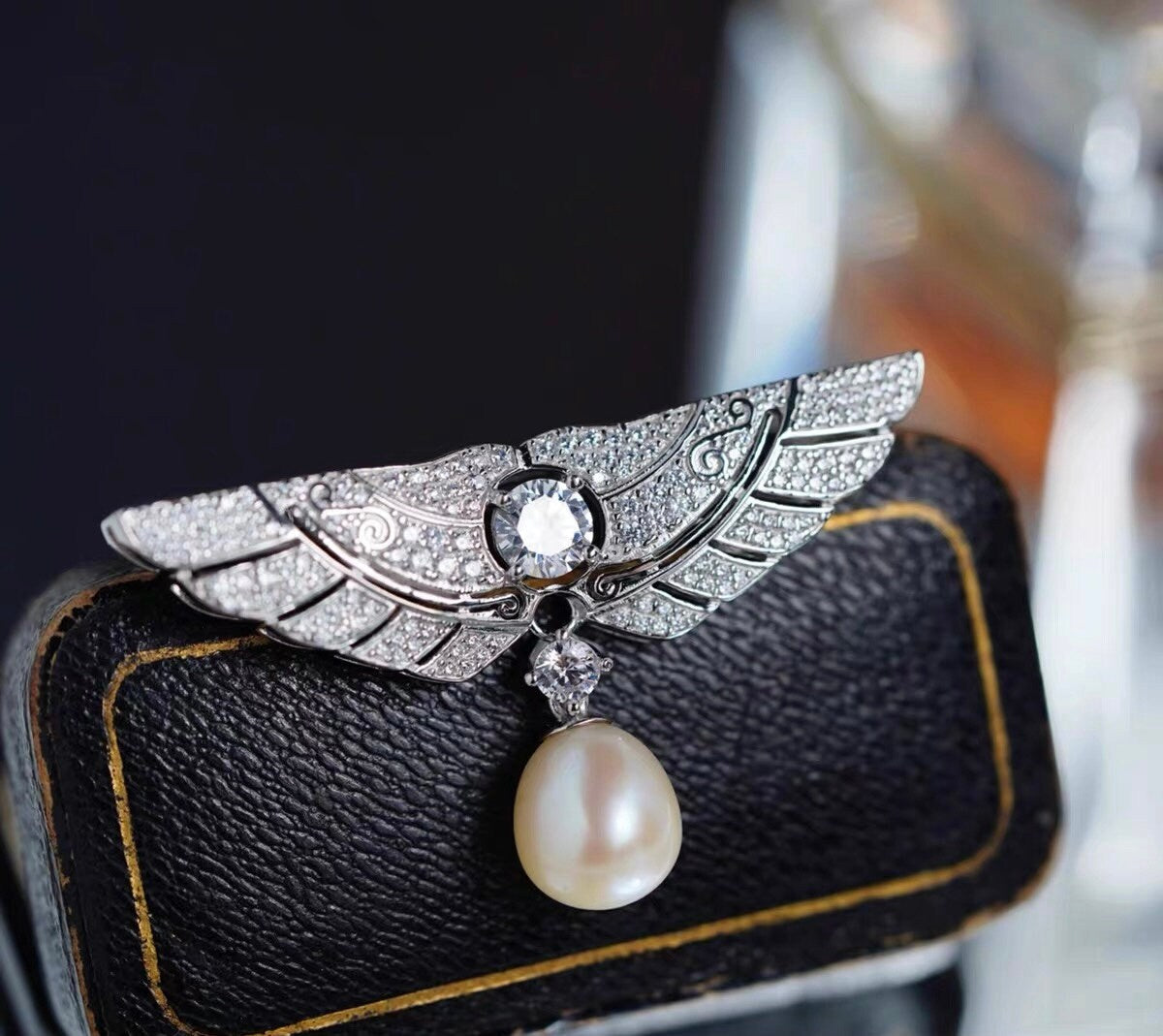 Angel Wing Brooch, Silver Brooch, Pearl Brooch, Diamond-cz Brooch, Gift for her/him