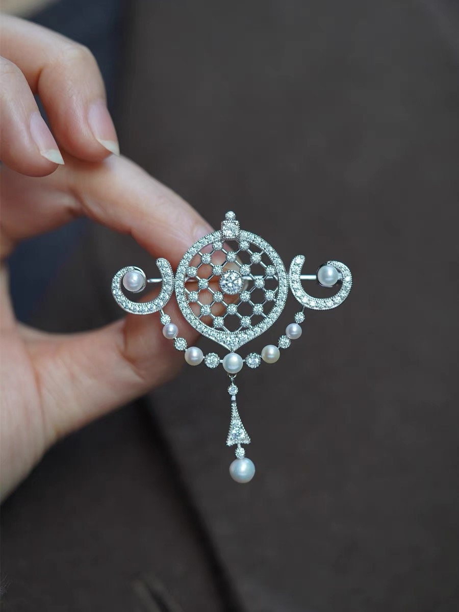 Silver Brooch, Diamond-cz Brooch, Pearl Brooch, Retro Brooch, Gift for her, Handmade Jewelry