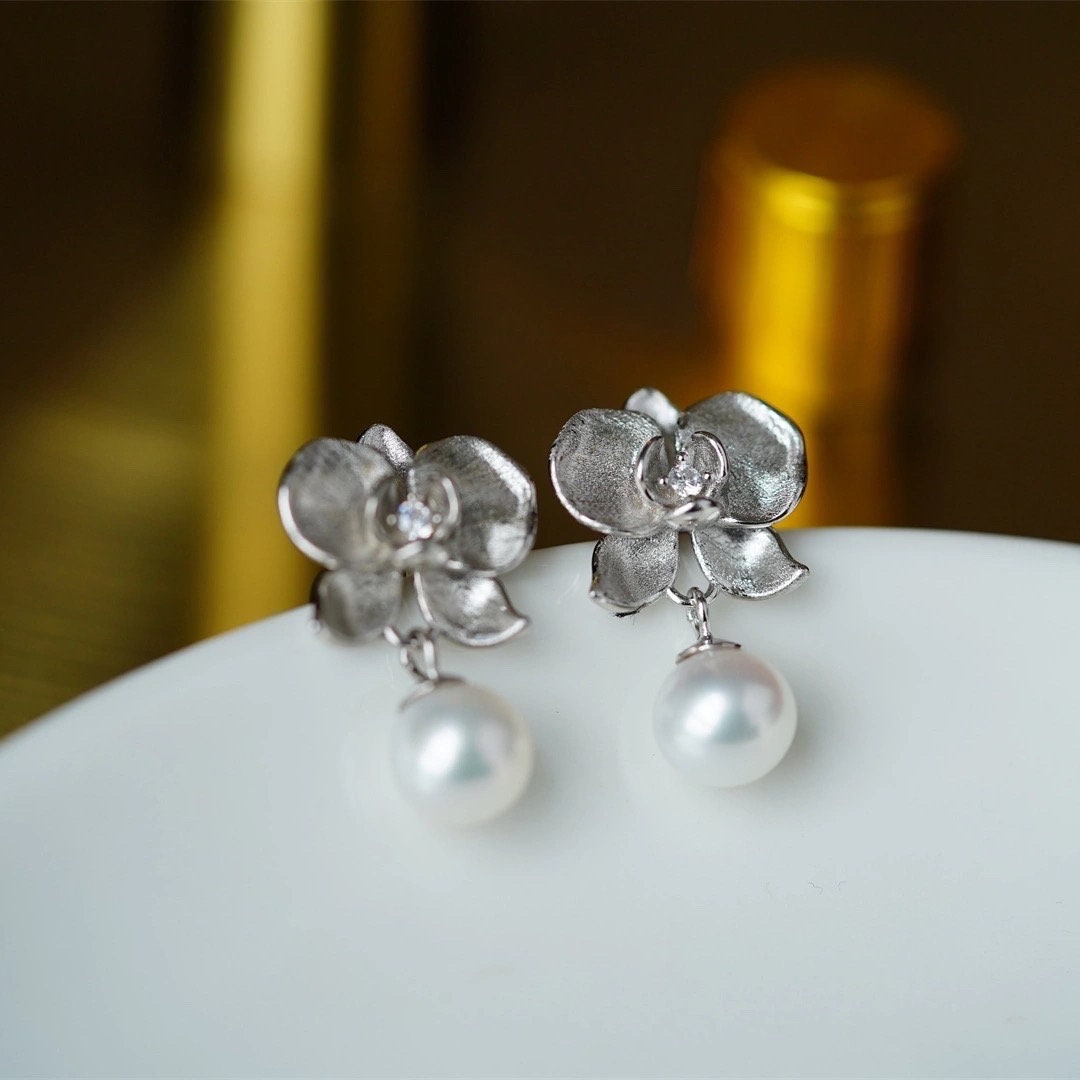 Orchard Silver with Pearl Earrings, Flower Earring, Retro Earrings, Earrings and Necklace Set, Handmade Jewelry, Gift for her